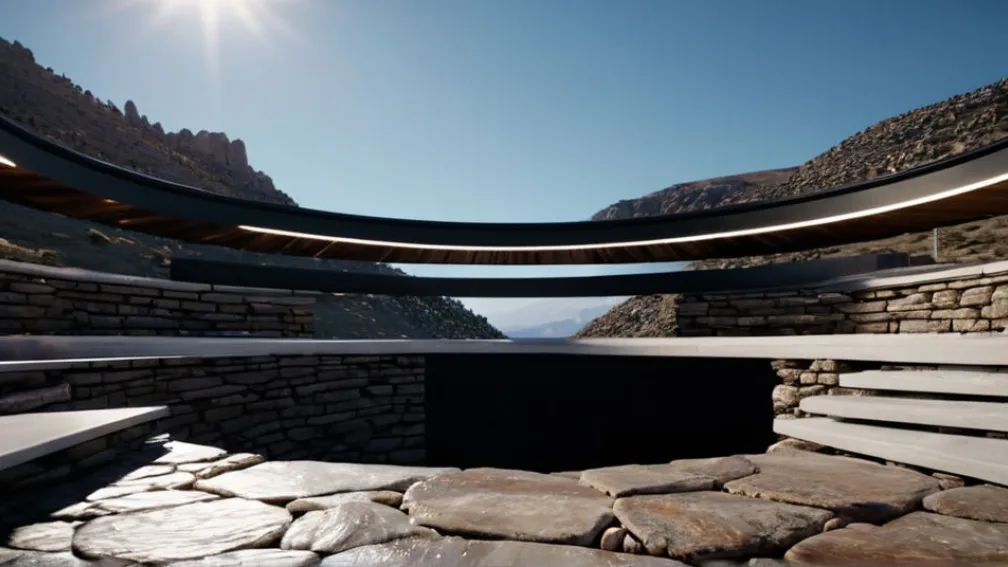 Архитектурный пейзаж, переосмысленный: современная горизонтальная платформа, интегрированная в скалистую гору, с большим круглым отверстием в небо.