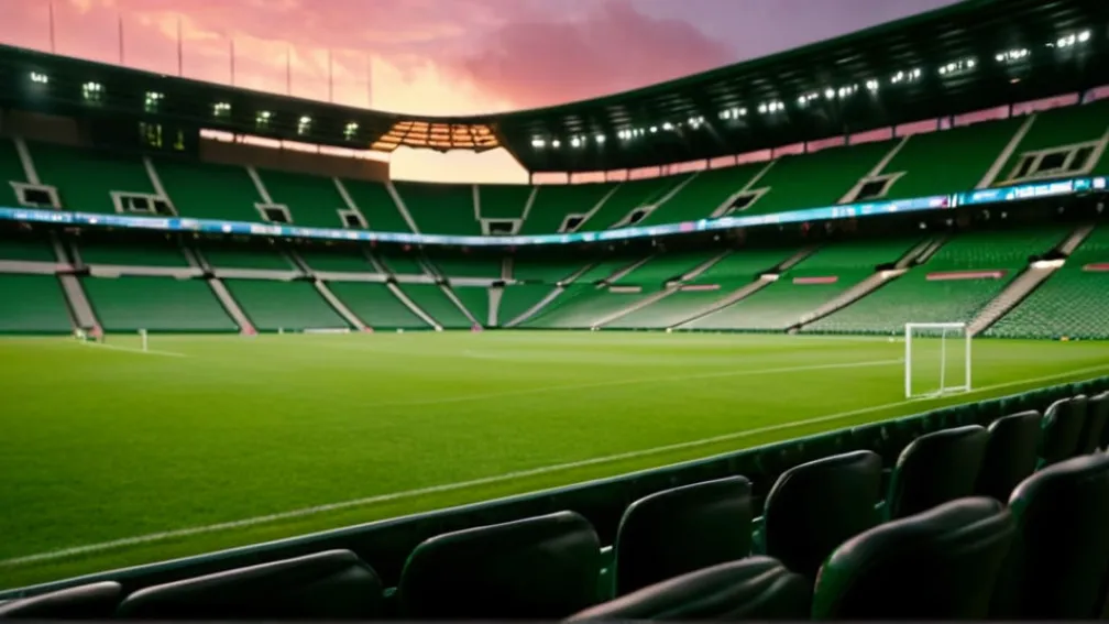 Фотореалистичный широкий план интерьера футбольного стадиона, пустые сиденья, сочная зеленая поляна под драматичным кинематографическим освещением во время заката. Без игроков, без эмблем команд или флагов. 8k, гиперреалистично.