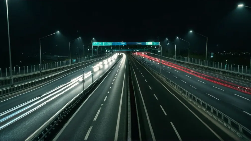 Ночной автострада с текущими задними фонарями