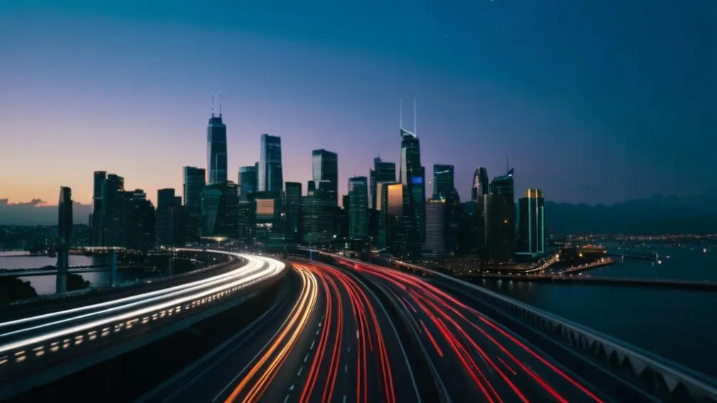 Панорамный вид оживленного городского пейзажа в сумерках