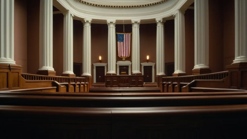 Фотореалистичное изображение величественного интерьера суда, с акцентом на архитектурные детали и свет, без присутствия людей. Кинематографическое освещение, 8k, гиперреализм.