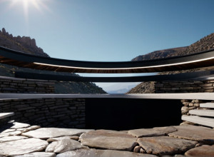 Архитектурный пейзаж, переосмысленный: современная горизонтальная платформа, интегрированная в скалистую гору, с большим круглым отверстием в небо.