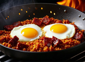 Хрустящий рис с яйцами и чоризо: Вкусный способ использовать остатки