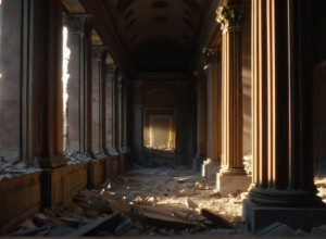 Разрушающийся фасад старого, величественного здания, части которого рассыпаются в пыль, обнажая пустую бездну позади.