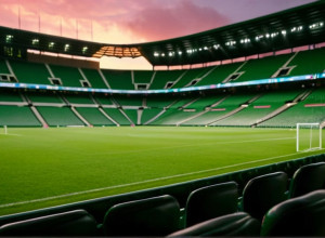 Фотореалистичный широкий план интерьера футбольного стадиона, пустые сиденья, сочная зеленая поляна под драматичным кинематографическим освещением во время заката. Без игроков, без эмблем команд или флагов. 8k, гиперреалистично.
