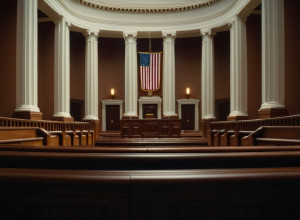 Фотореалистичное изображение величественного интерьера суда, с акцентом на архитектурные детали и свет, без присутствия людей. Кинематографическое освещение, 8k, гиперреализм.