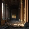 Разрушающийся фасад старого, величественного здания, части которого рассыпаются в пыль, обнажая пустую бездну позади.
